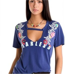 New PROJECT 28 Shirt Women’s FEARLESS Sz Large Blue Embroidered Floral Boho Top